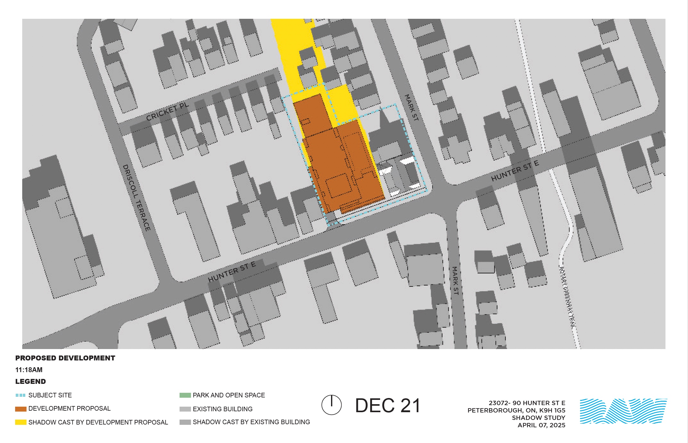 shadow impact study for the 17-storey building within the neighbourhood context