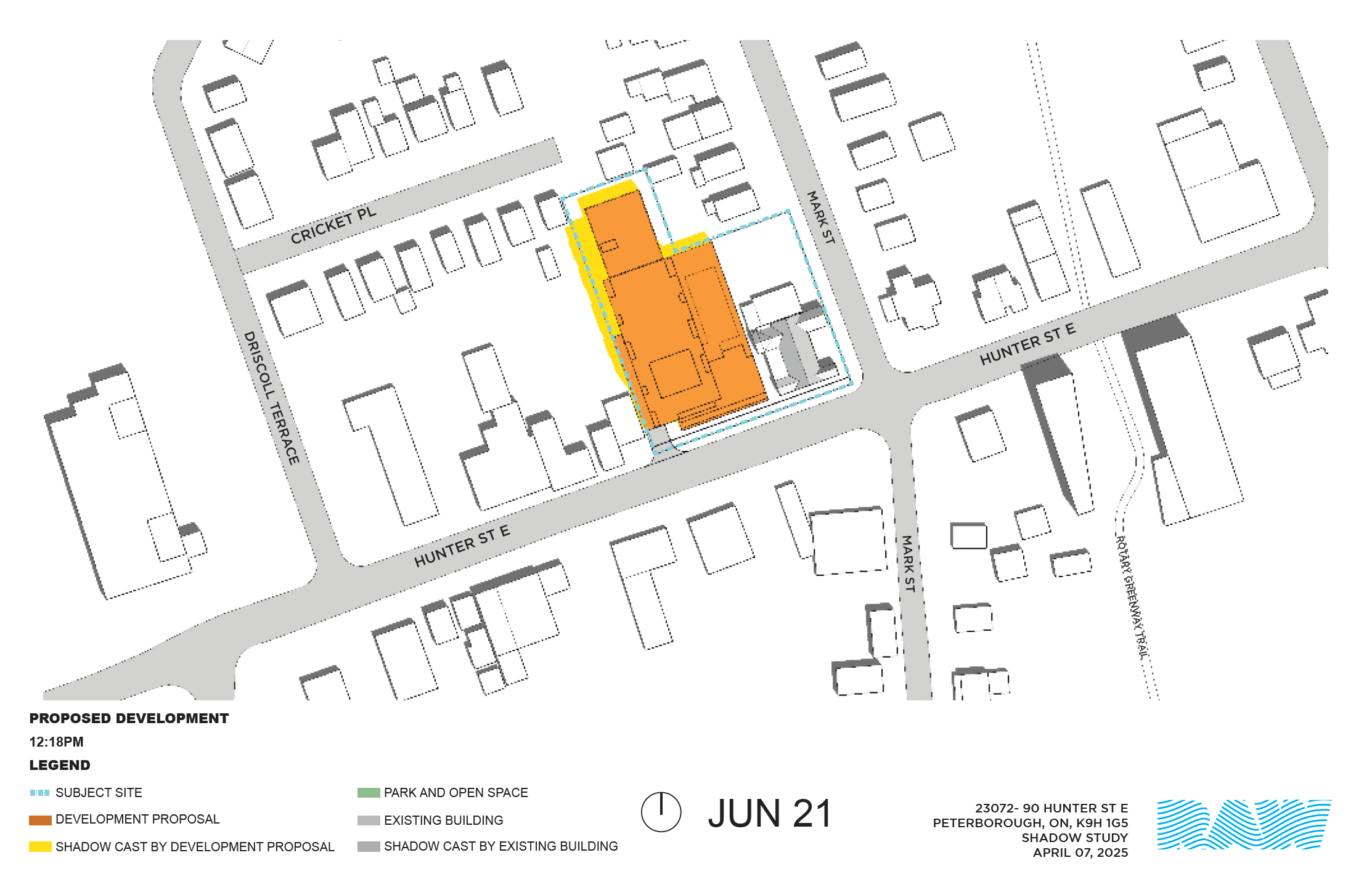 shadow impact study for the 17-storey building within the neighbourhood context