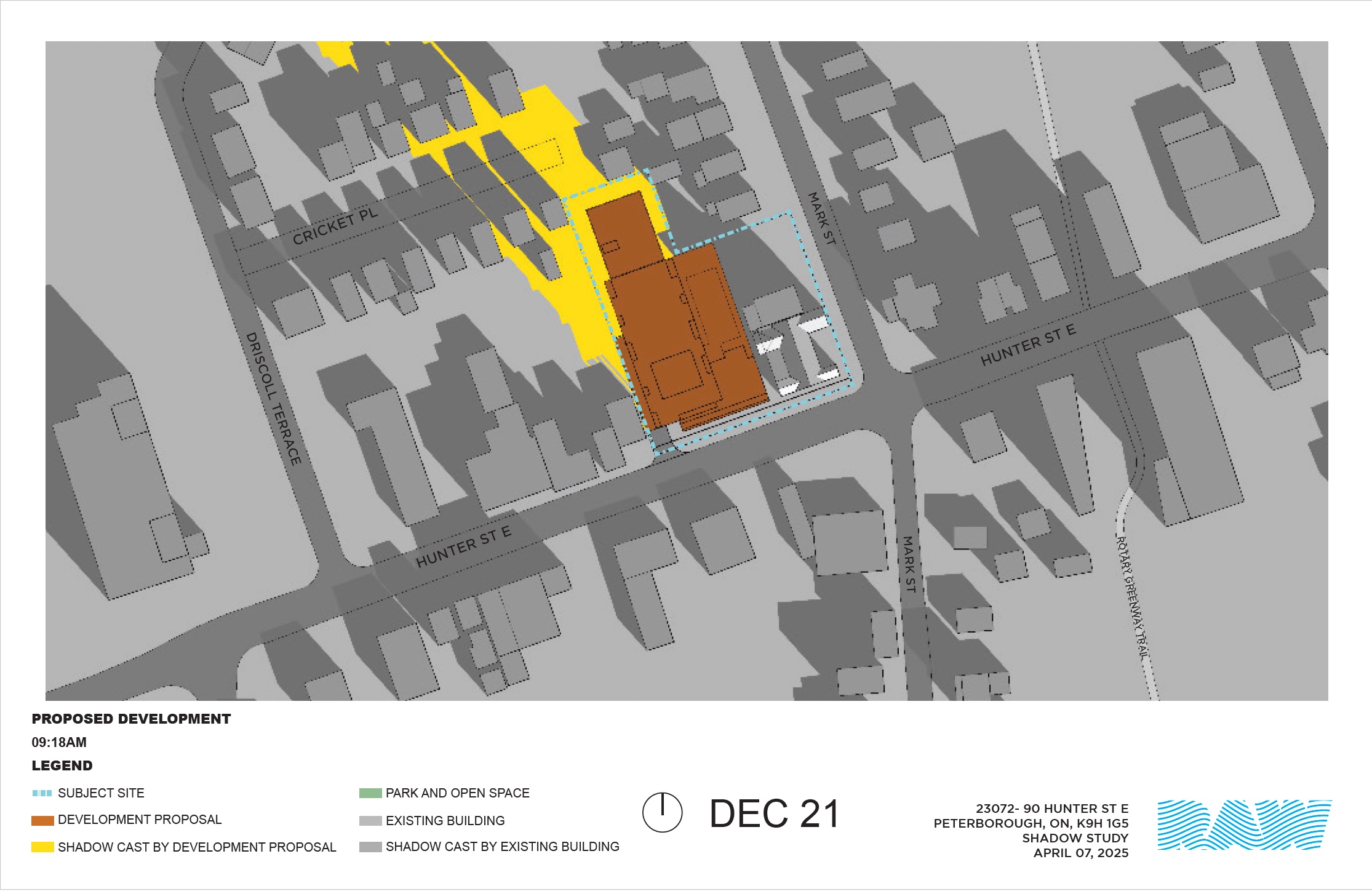 shadow impact study for the 17-storey building within the neighbourhood context