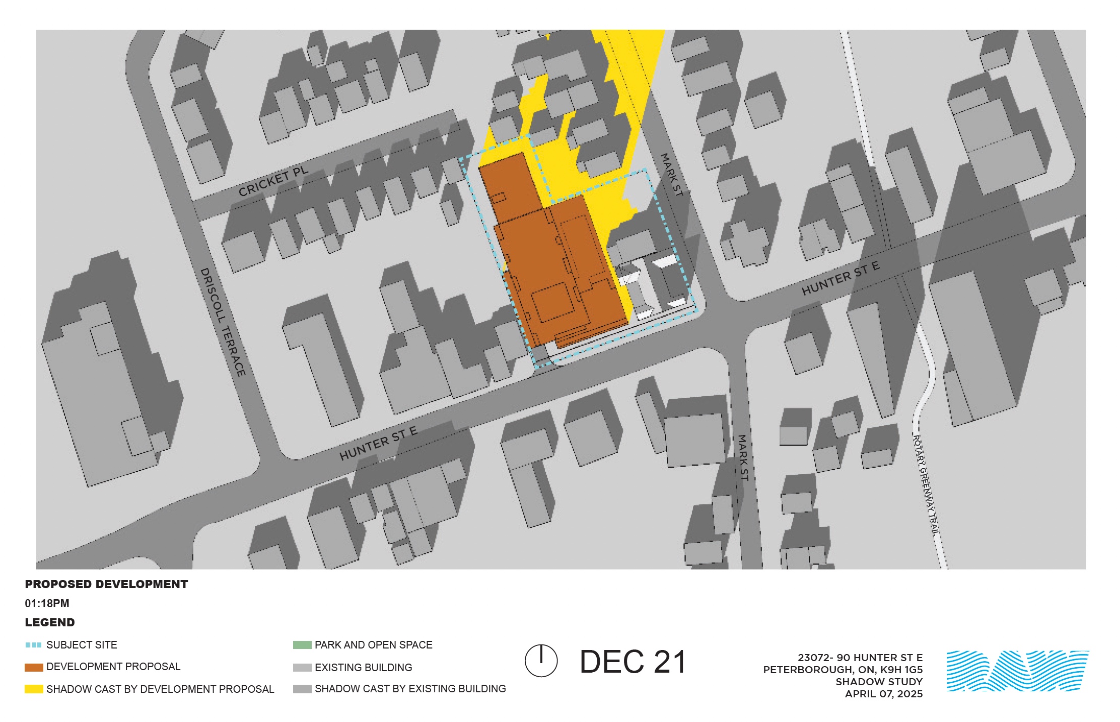 shadow impact study for the 17-storey building within the neighbourhood context