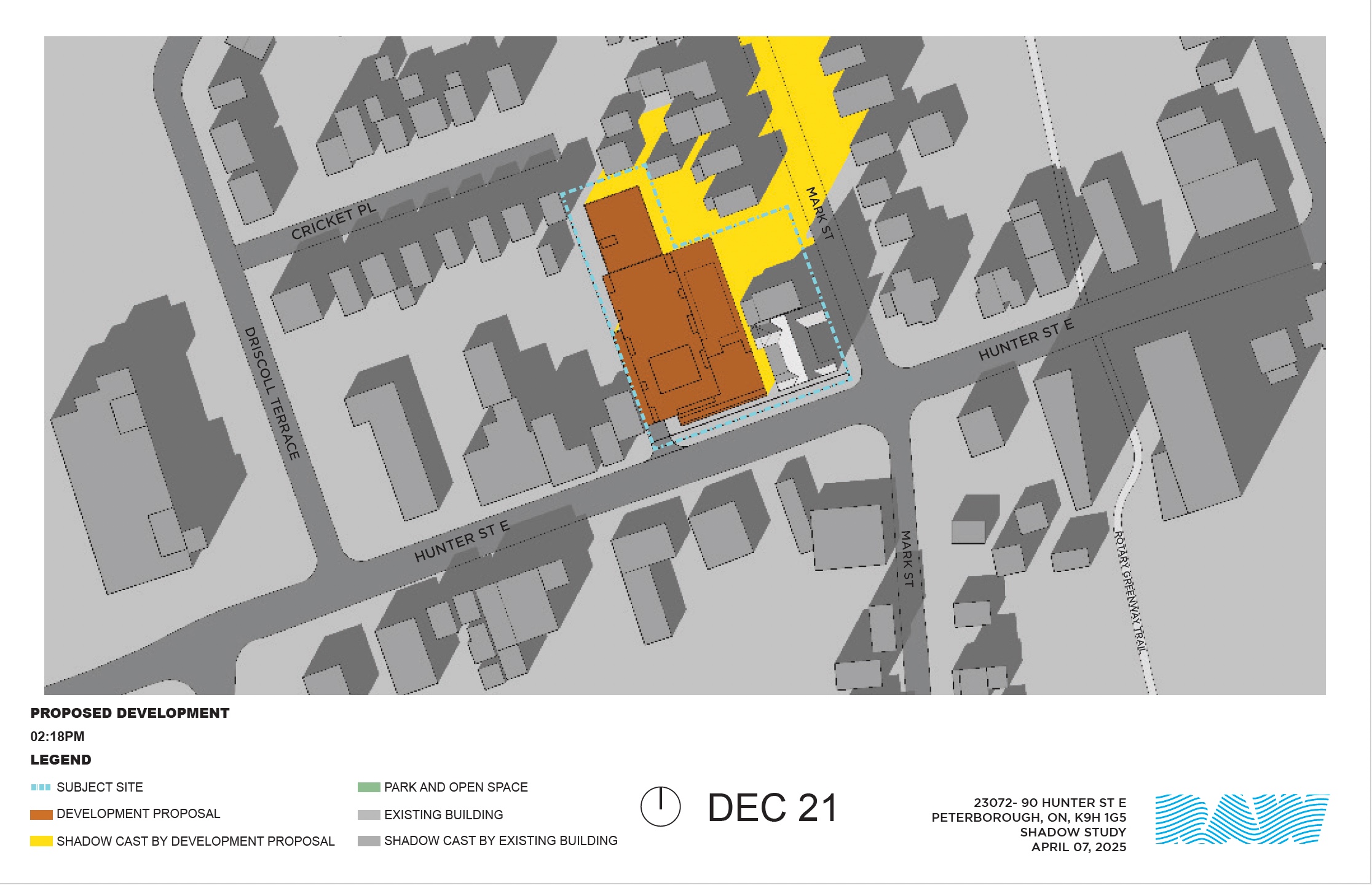 shadow impact study for the 17-storey building within the neighbourhood context