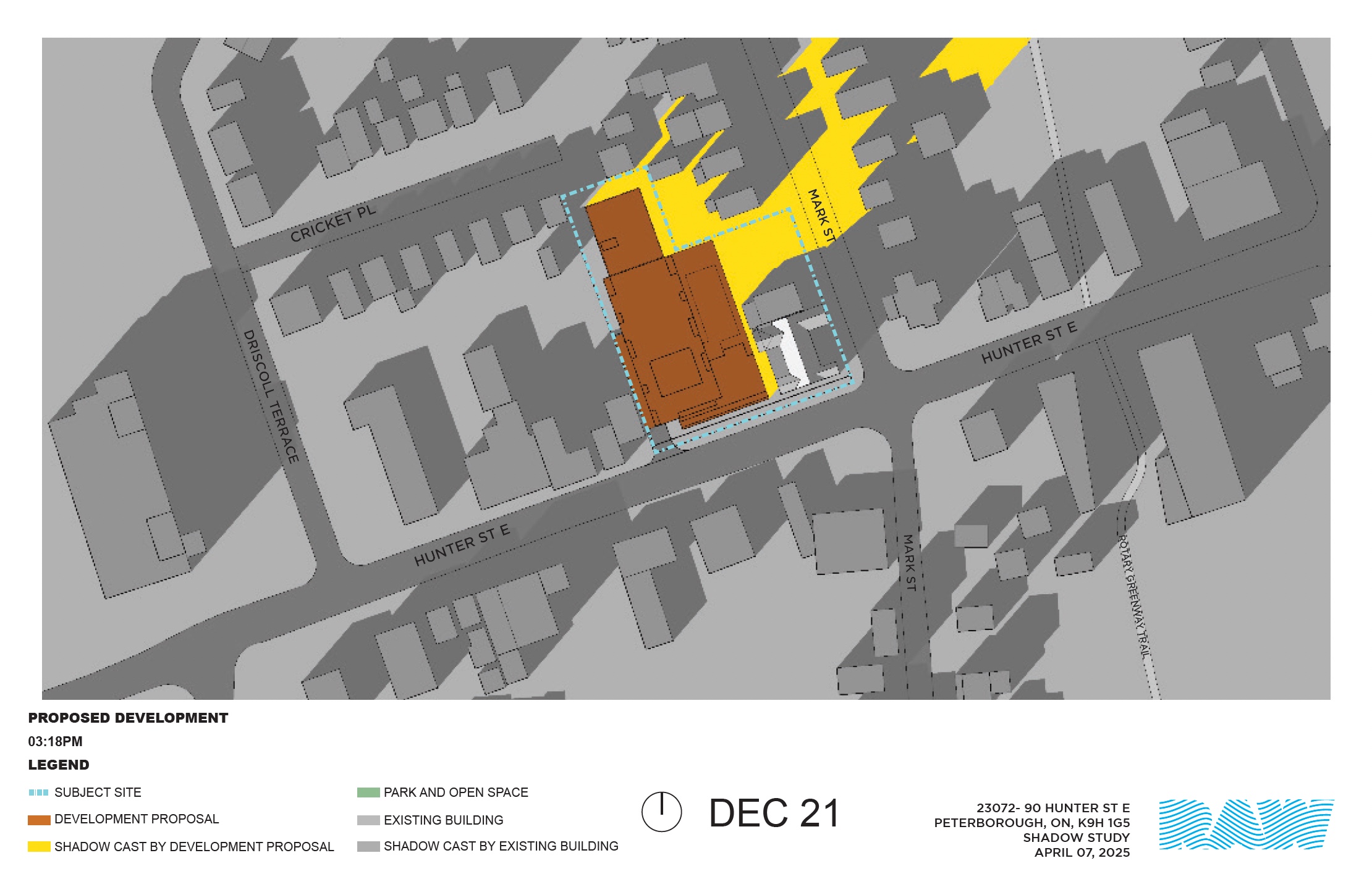 shadow impact study for the 17-storey building within the neighbourhood context