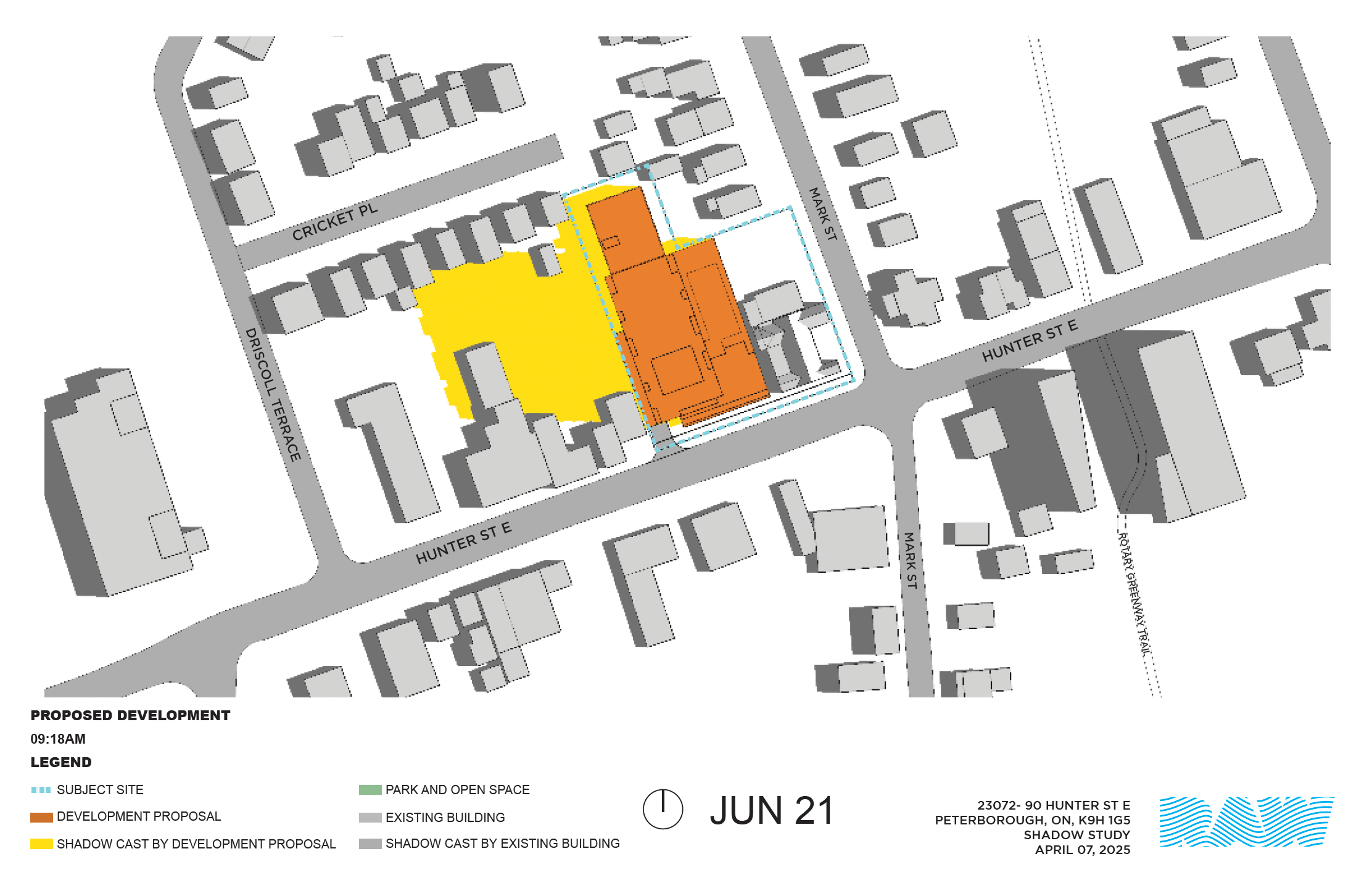 shadow impact study for the 17-storey building within the neighbourhood context