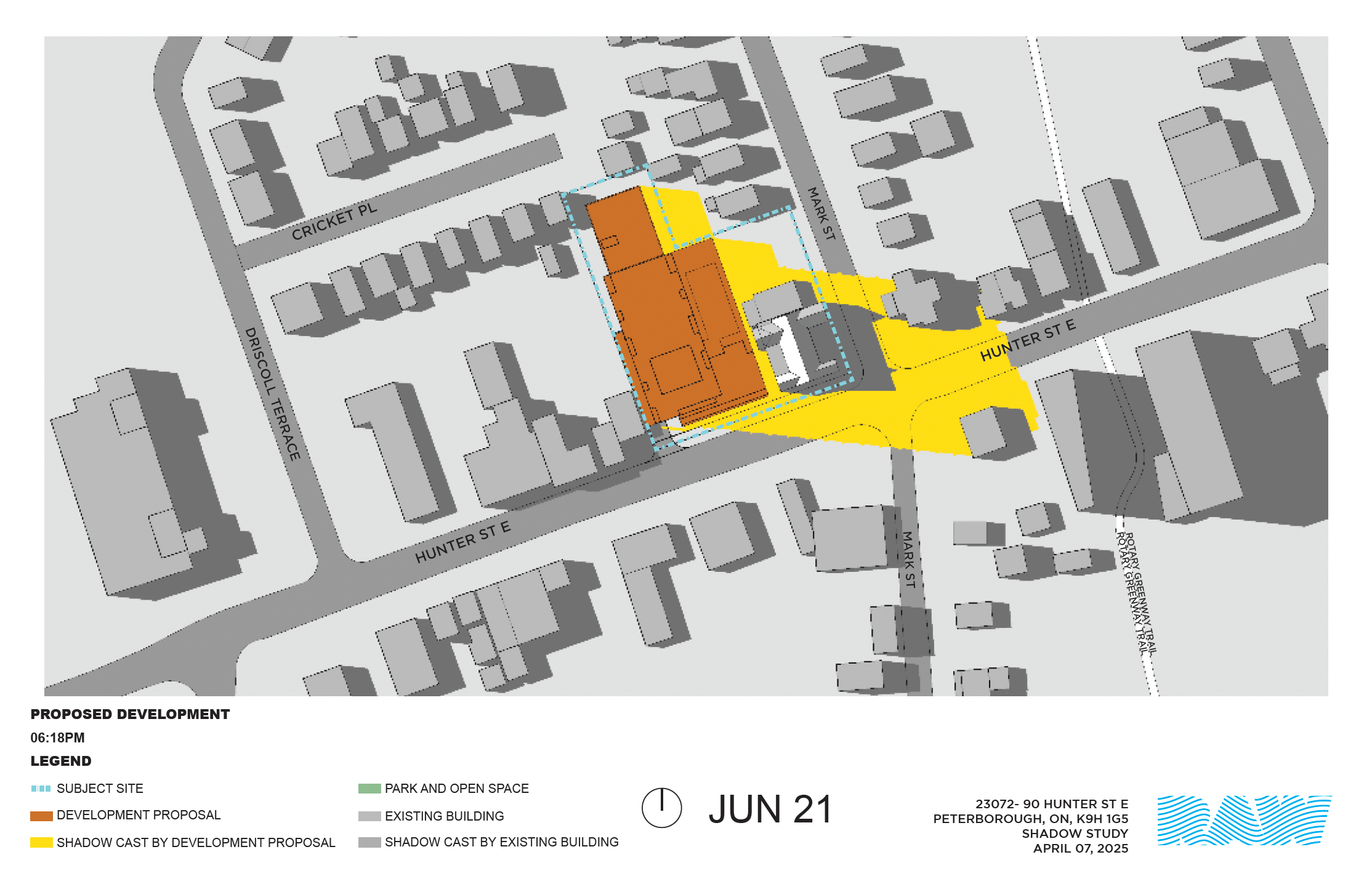 shadow impact study for the 17-storey building within the neighbourhood context