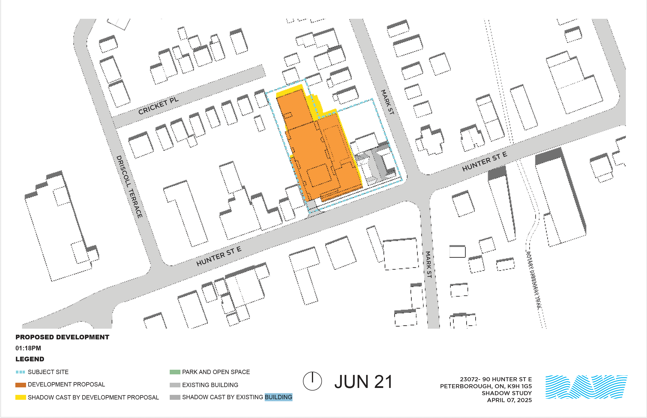 shadow impact study for the 17-storey building within the neighbourhood context
