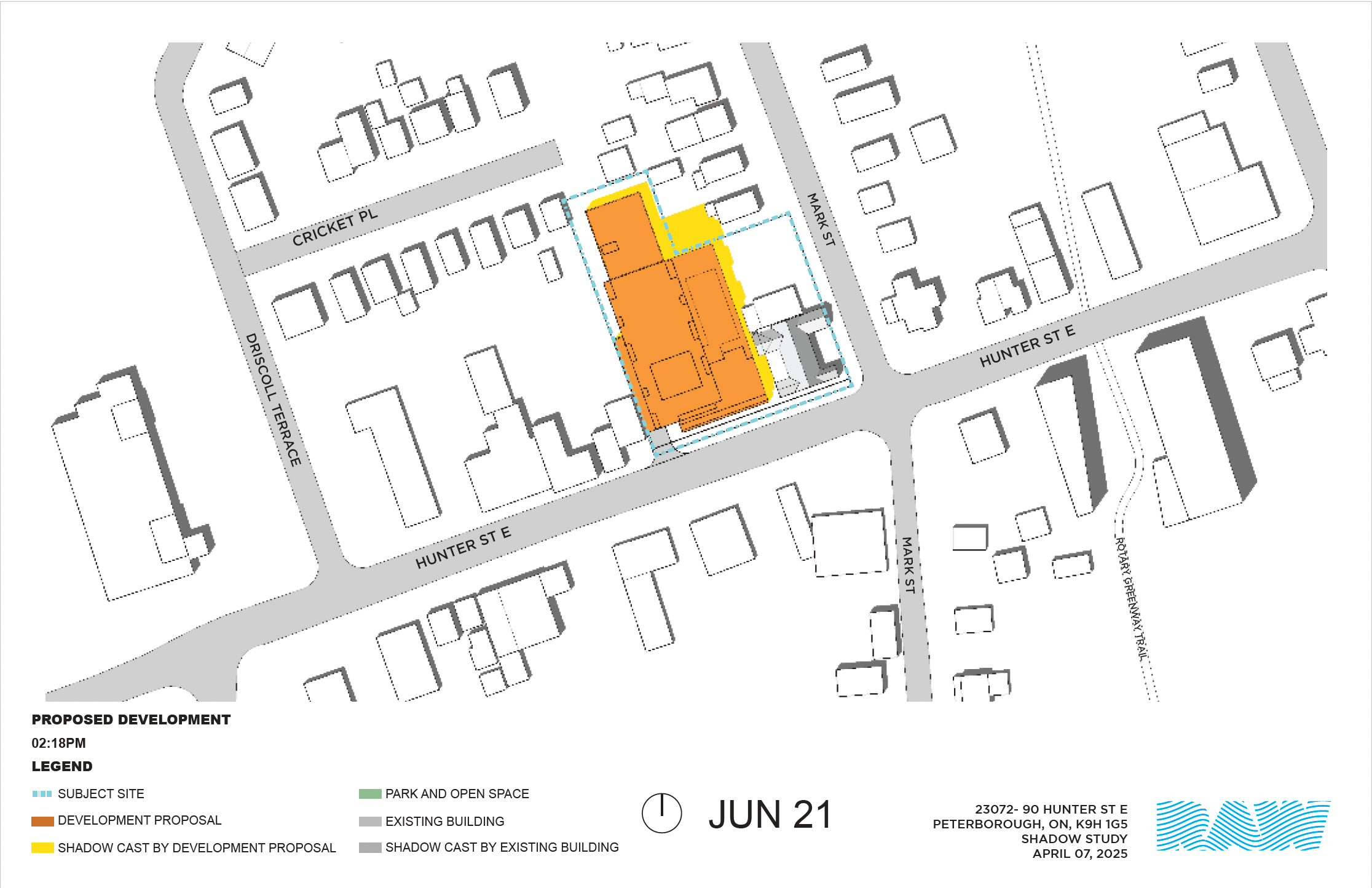 shadow impact study for the 17-storey building within the neighbourhood context