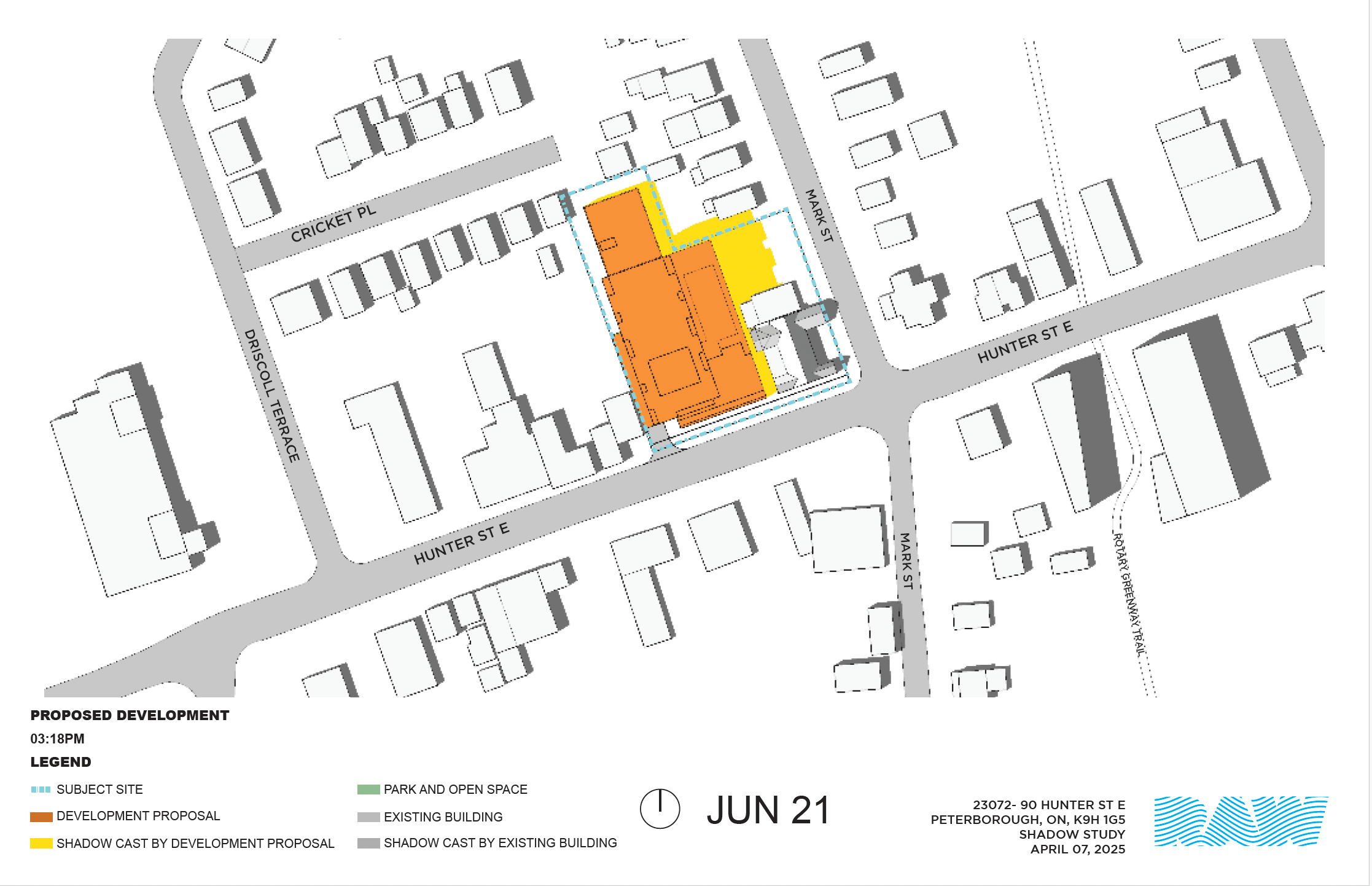 shadow impact study for the 17-storey building within the neighbourhood context