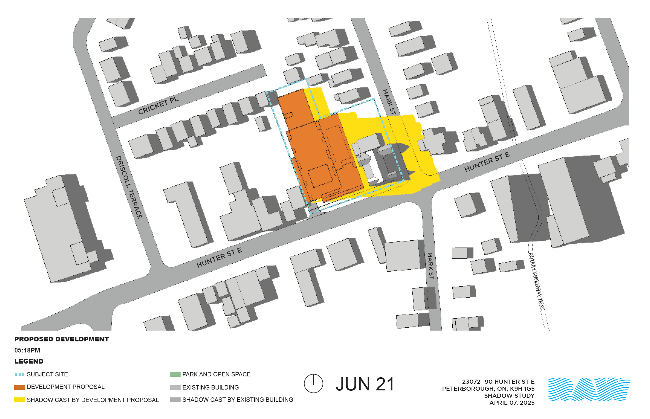 shadow impact study for the 17-storey building within the neighbourhood context