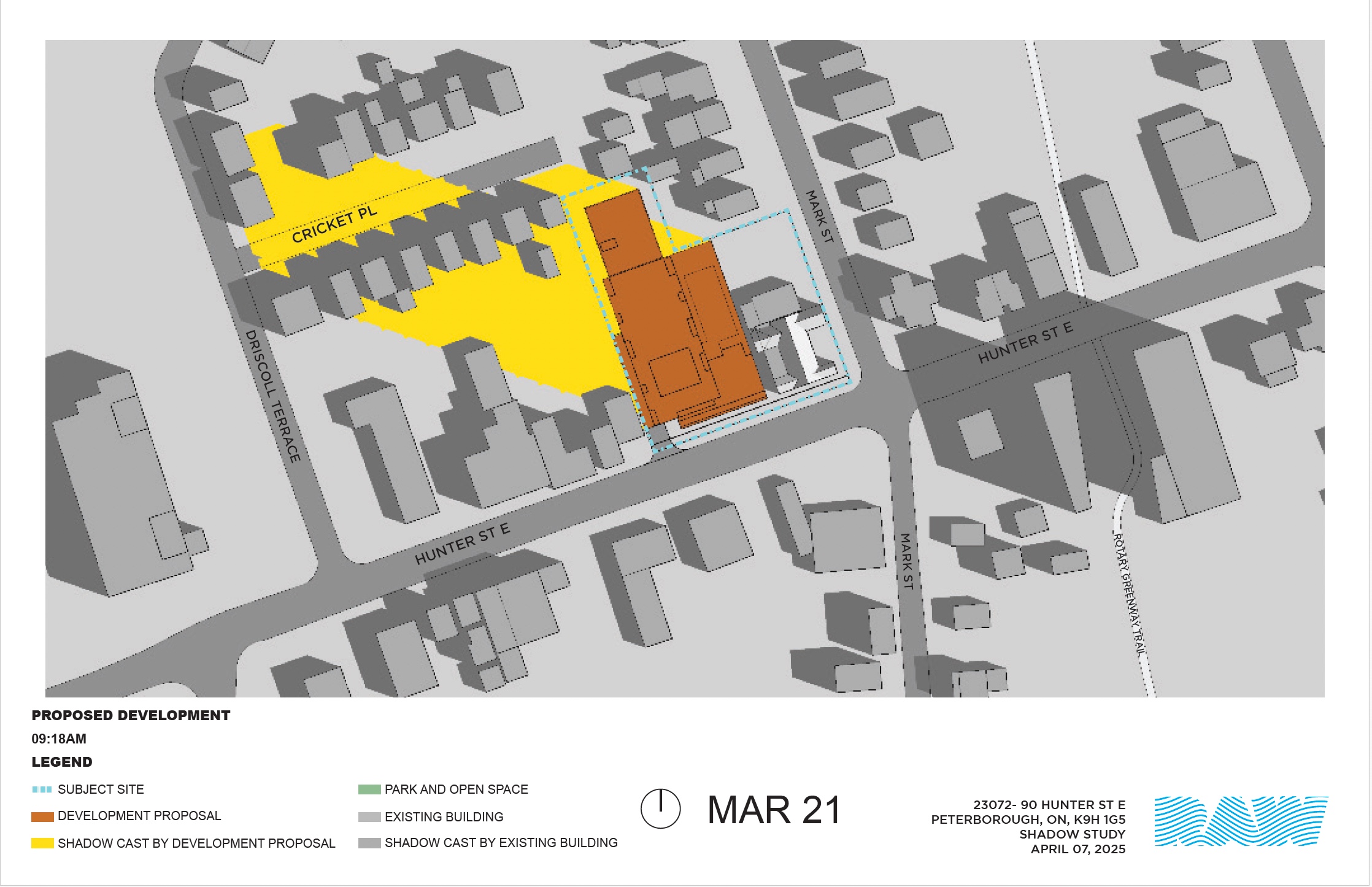 shadow impact study for the 17-storey building within the neighbourhood context