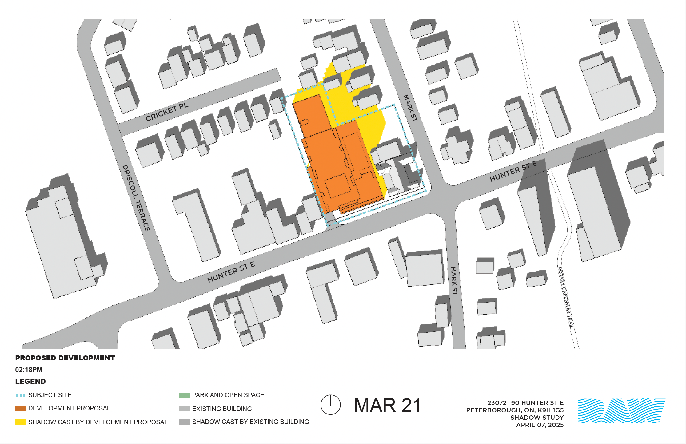 shadow impact study for the 17-storey building within the neighbourhood context