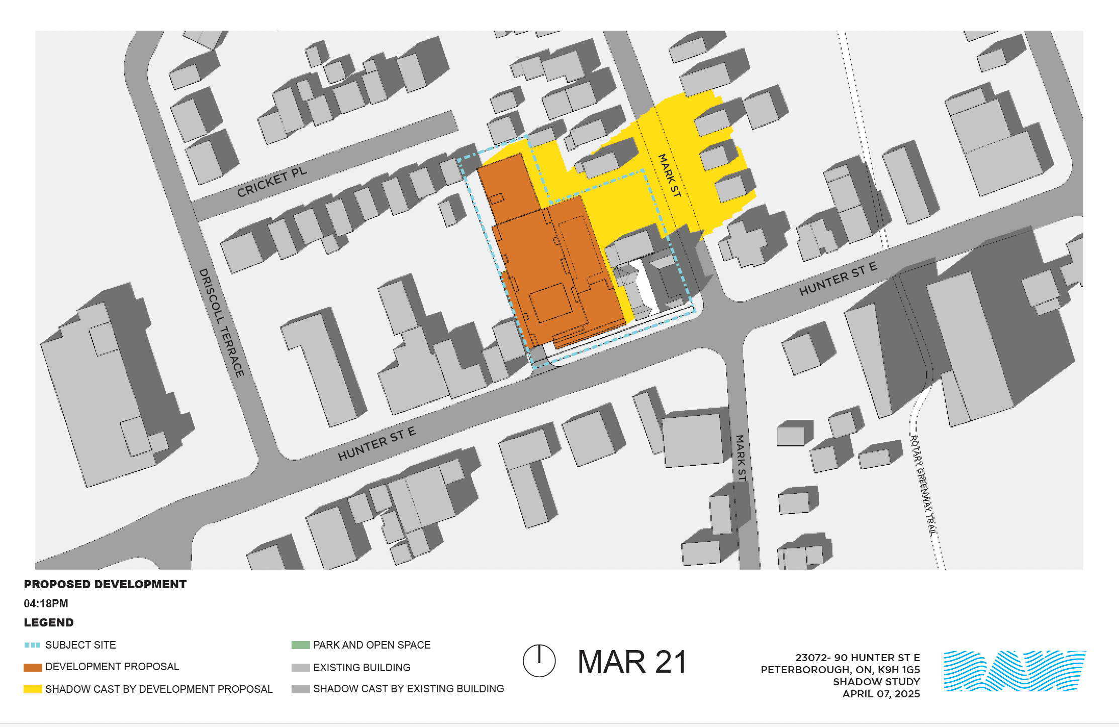 shadow impact study for the 17-storey building within the neighbourhood context