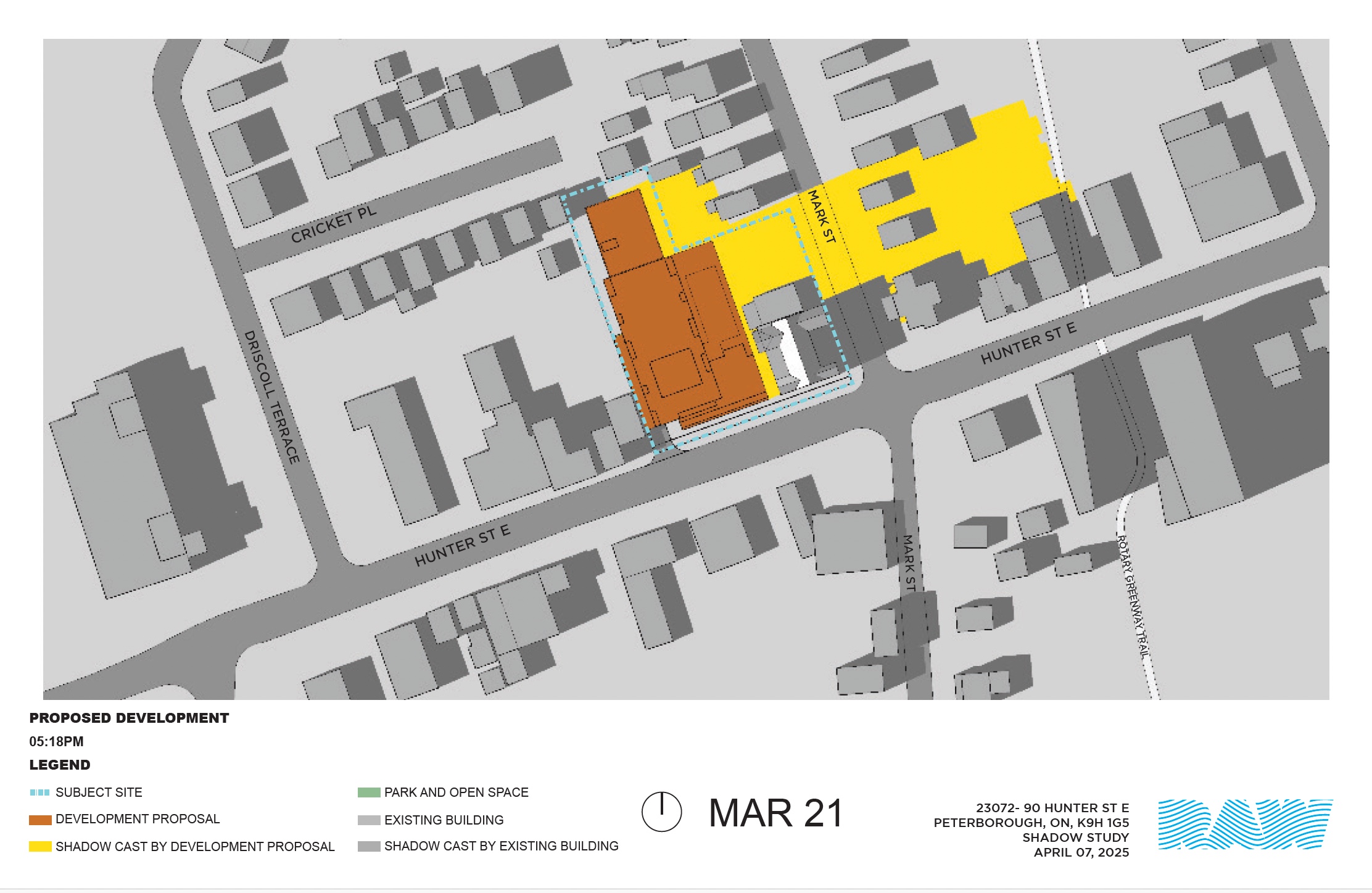 shadow impact study for the 17-storey building within the neighbourhood context