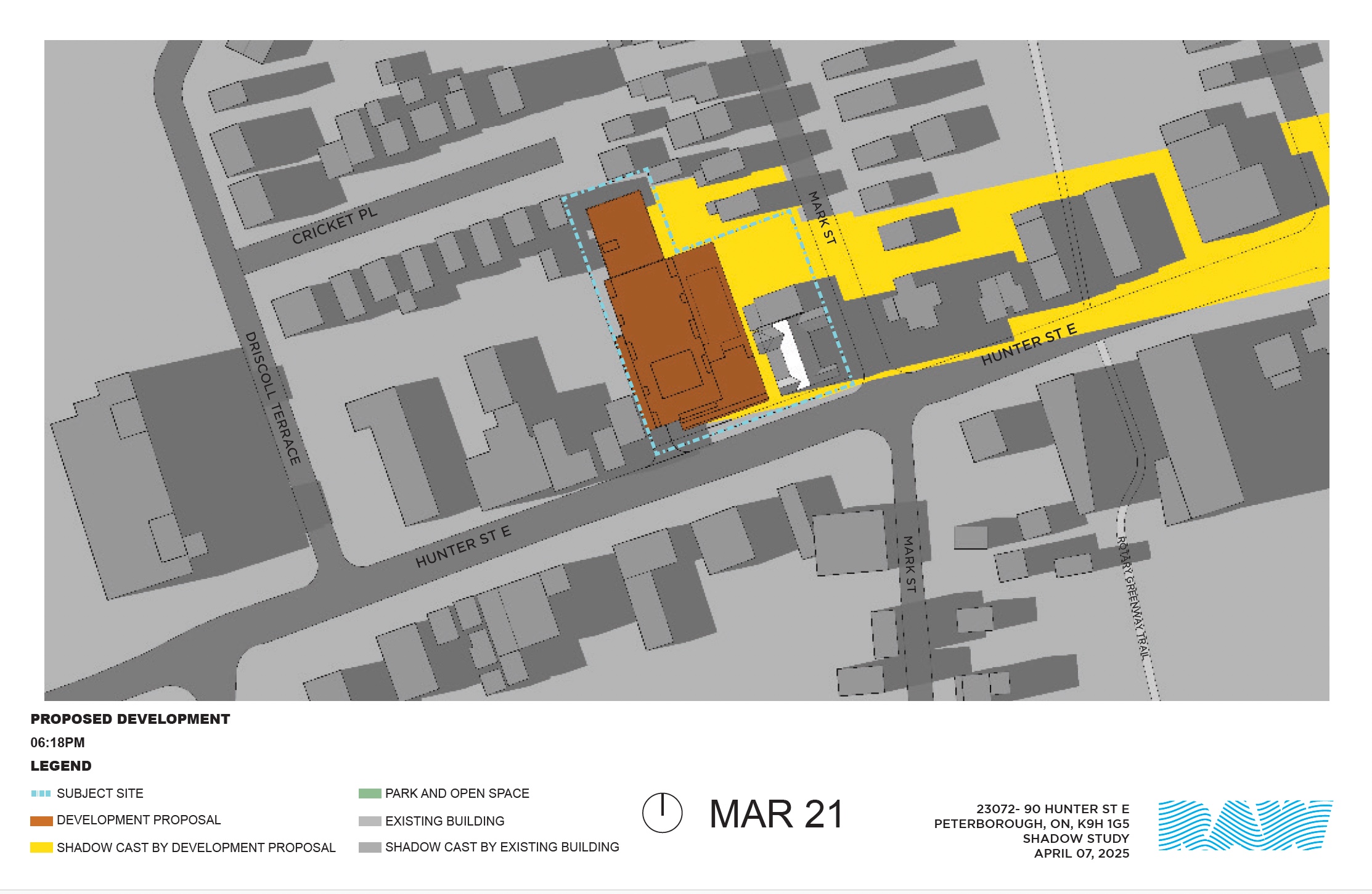 shadow impact study for the 17-storey building within the neighbourhood context