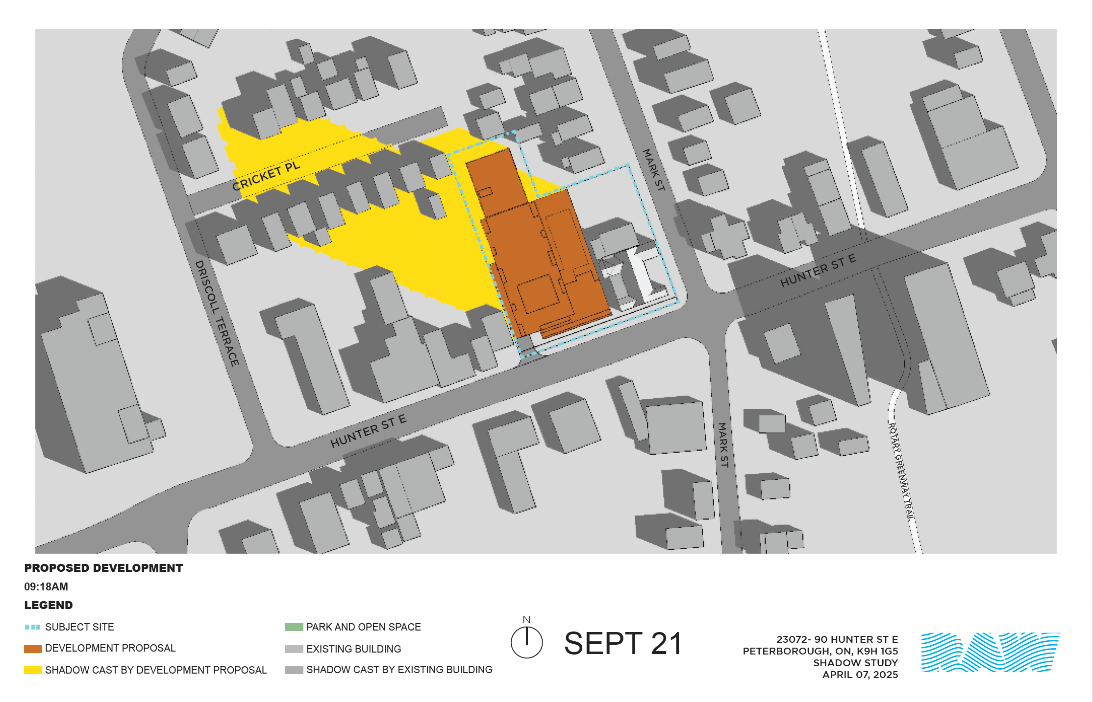 shadow impact study for the 17-storey building within the neighbourhood context