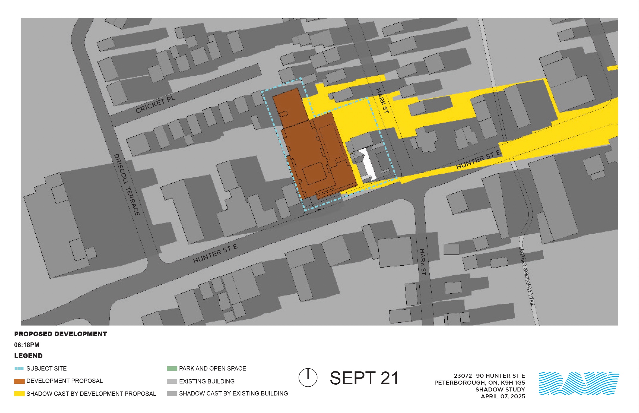 shadow impact study for the 17-storey building within the neighbourhood context
