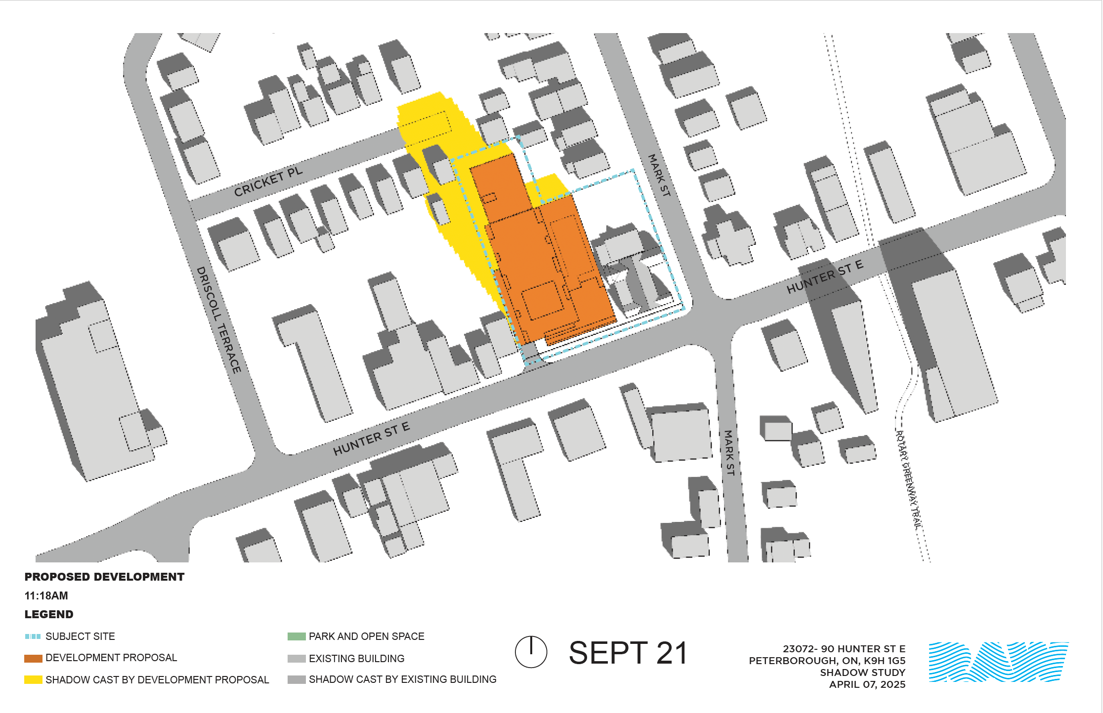 shadow impact study for the 17-storey building within the neighbourhood context