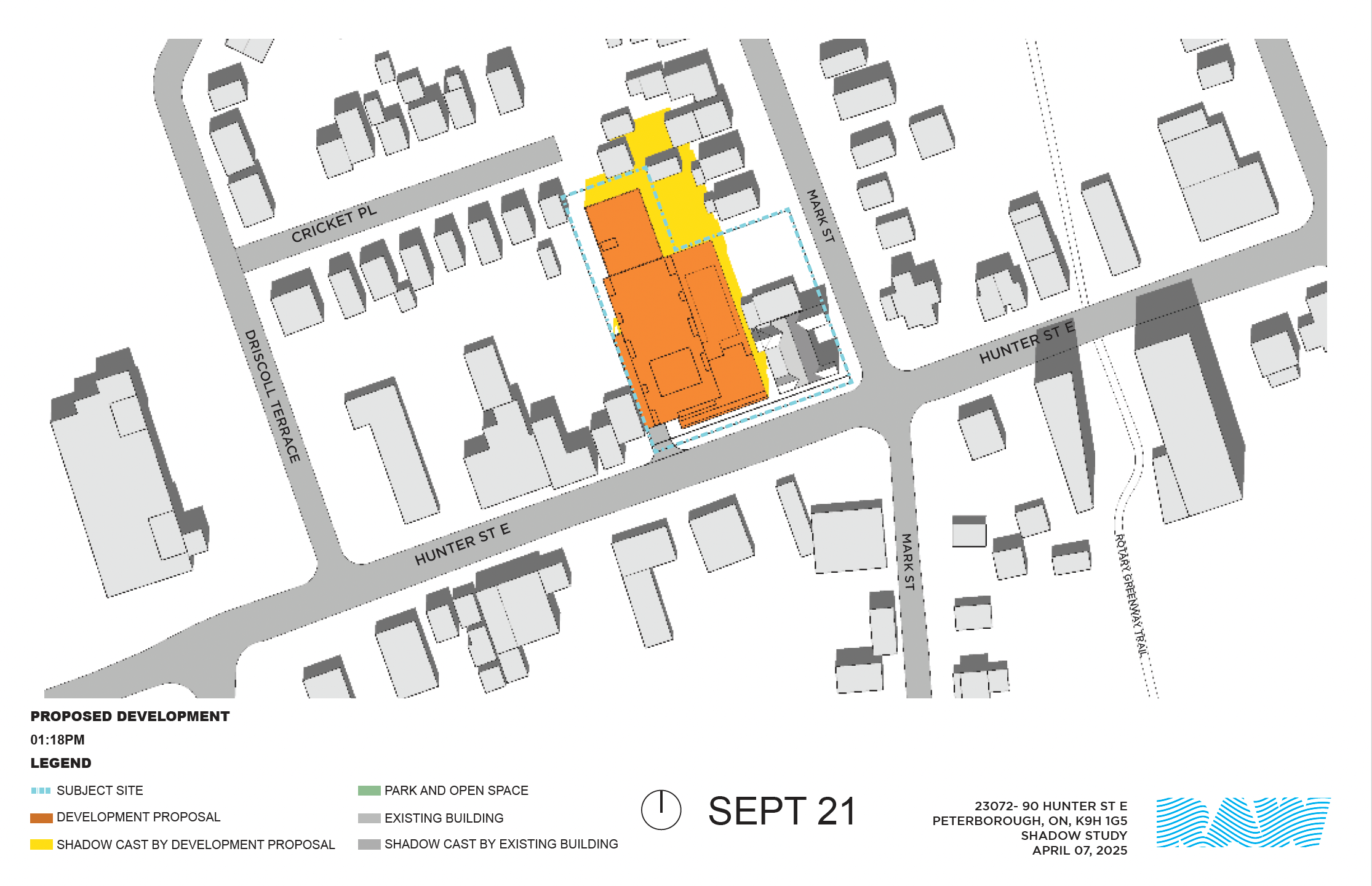 shadow impact study for the 17-storey building within the neighbourhood context