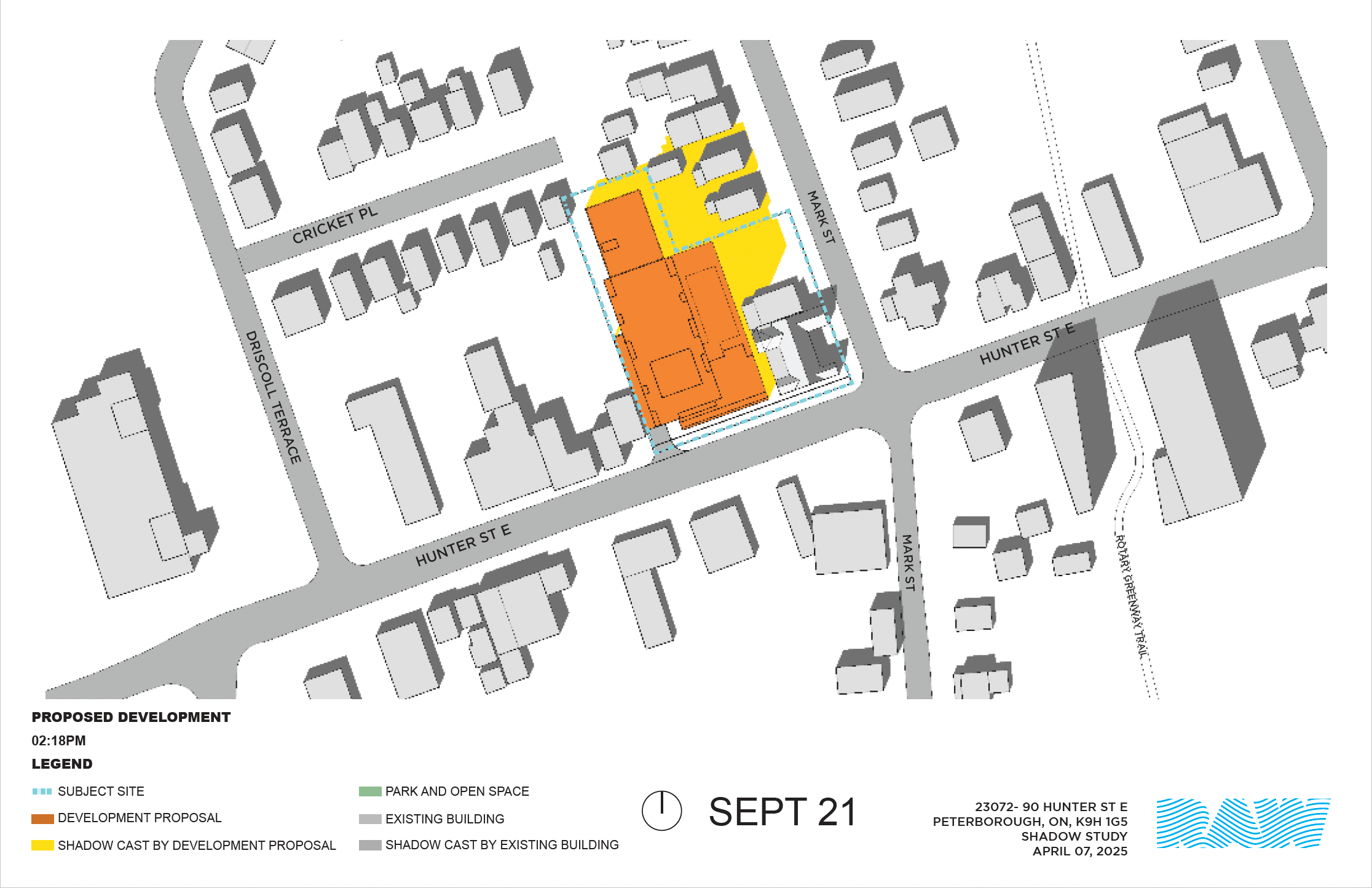 shadow impact study for the 17-storey building within the neighbourhood context