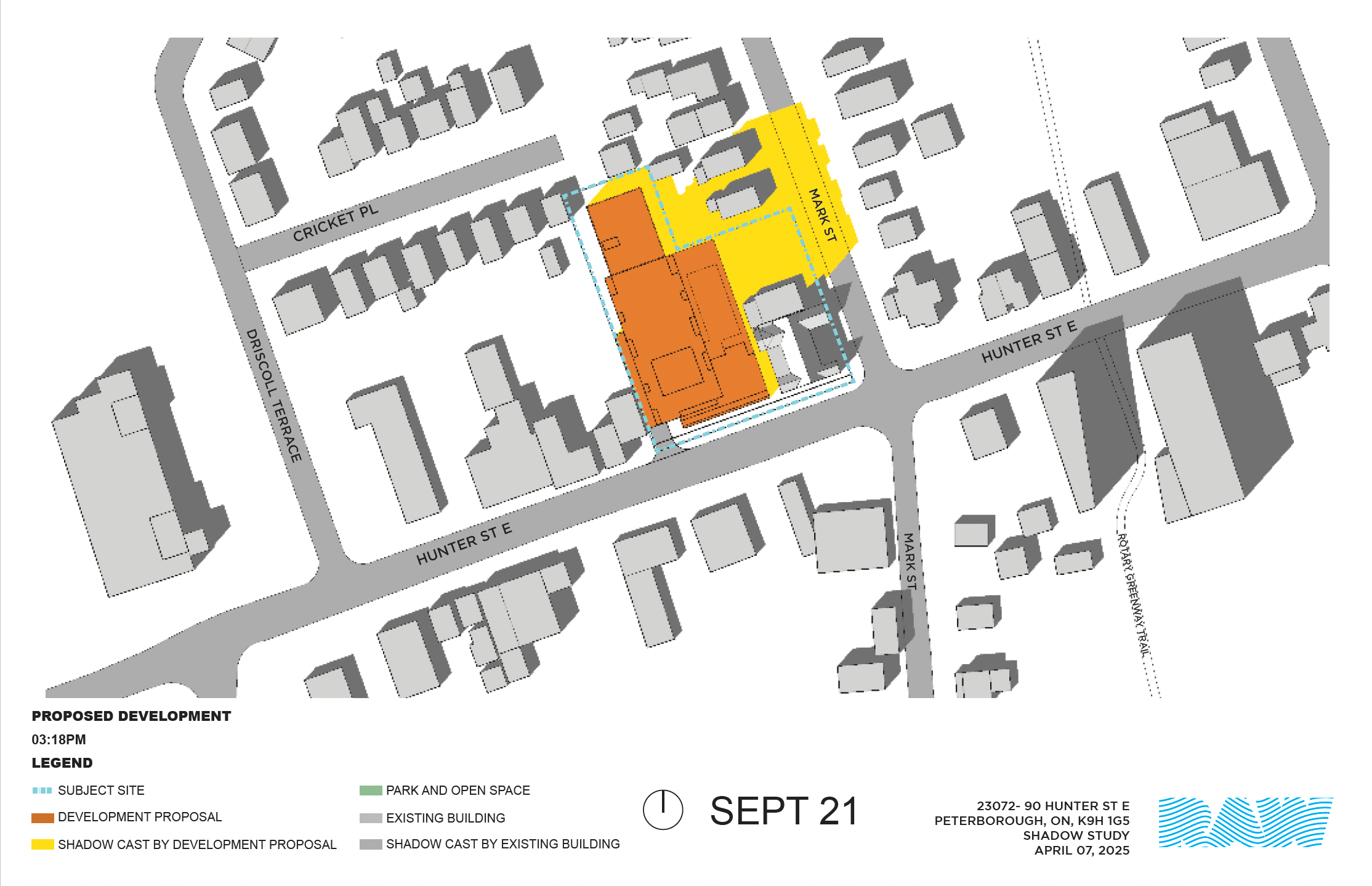 shadow impact study for the 17-storey building within the neighbourhood context