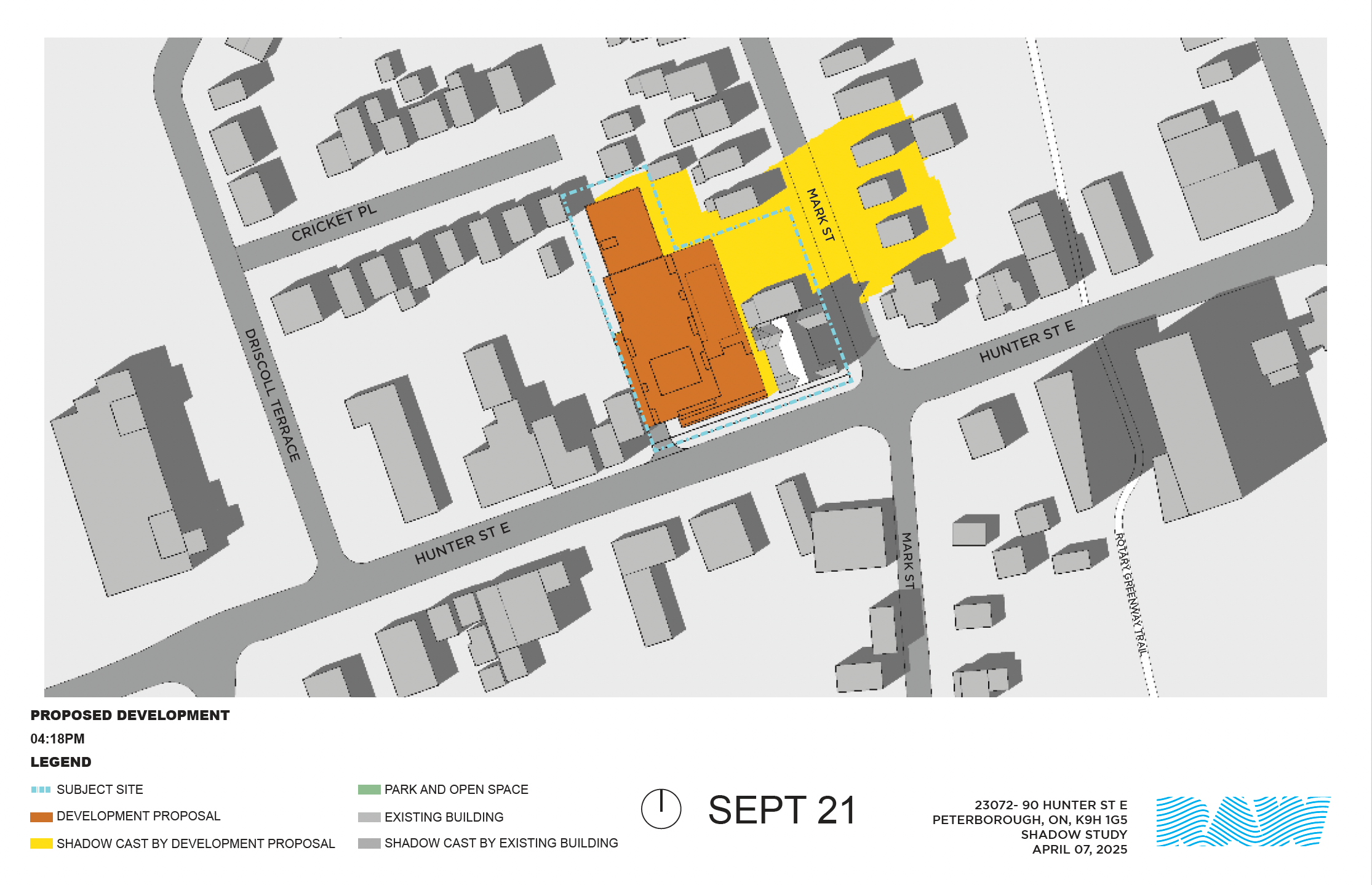 shadow impact study for the 17-storey building within the neighbourhood context