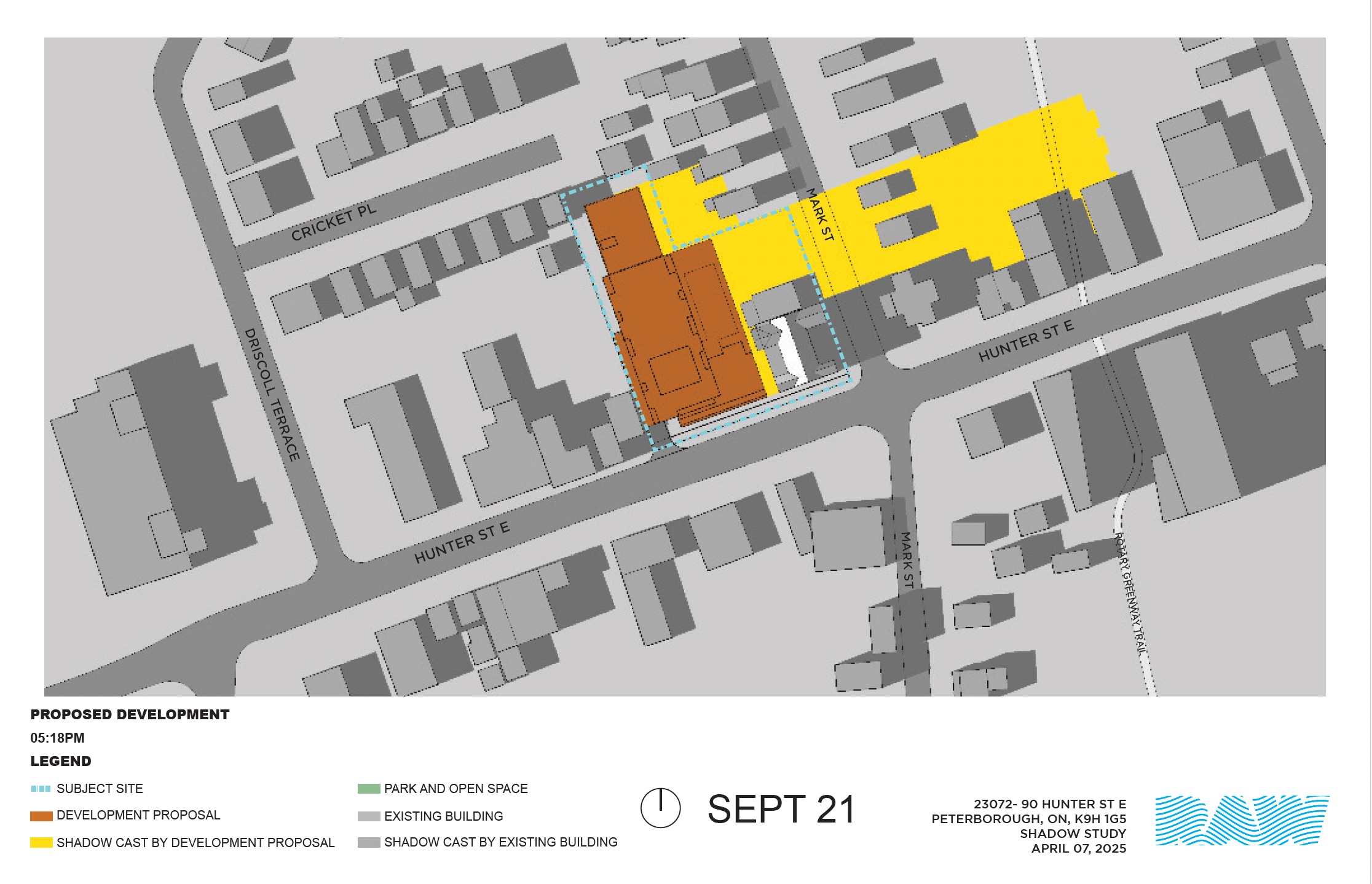 shadow impact study for the 17-storey building within the neighbourhood context